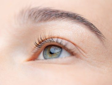 Close-up of female caucasian young adult eye with natural makeup and long eyelashes.