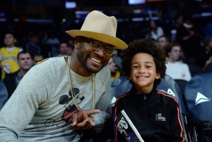LOS ANGELES, CA - JANUARY 19: Actor Taye Diggs and his son Walker Diggs attend a basketball game between the Indiana Pacers and Los Angeles Lakers at Staples Center on January 19, 2018 in Los Angeles, California. (Photo by Kevork S. Djansezian/Getty Images)