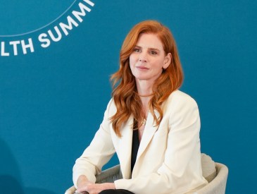 Sarah Rafferty speaks onstage at the Flow Space Women’s Health Summit LA held at Penske Headquarters on May 14, 2025 in Los Angeles, California.