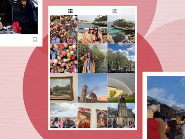 Instagram spam account photos on a colorful backdrop.