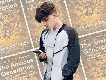 Teen boy looking at cell phone against a background of Jonathan Haidt's 'The Anxious Generation' book covers.