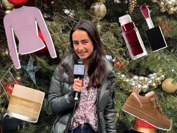 SheKnows's Gen Z reporter in front of a Christmas trees with product prohots inset.